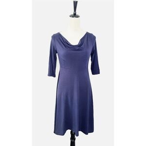 Eileen Fisher Knit Dress Navy Elbow Sleeve Drape Kneck Stretch XSP Midi